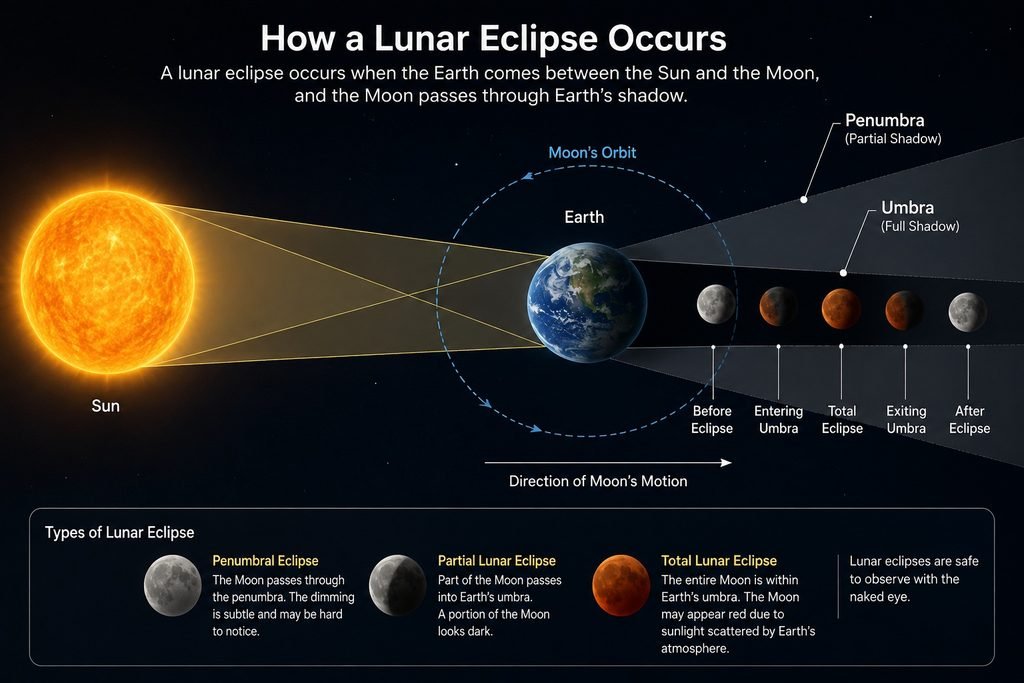 A detailed diagram showing how a lunar eclipse occurs in space