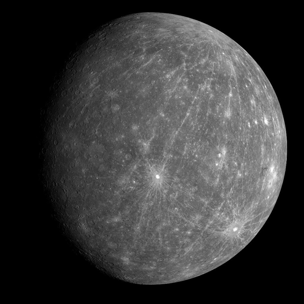 A close-up view of the cratered surface of planet Mercury