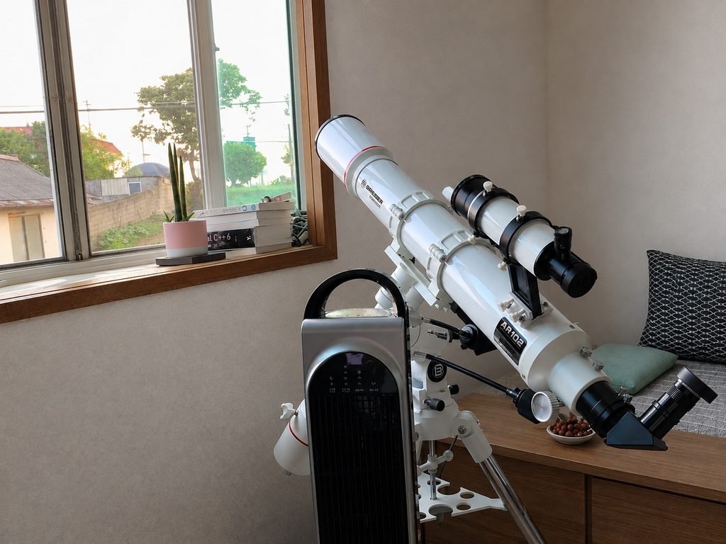 A personal setup of the Bresser Messier AR-102 telescope ready for celestial observation