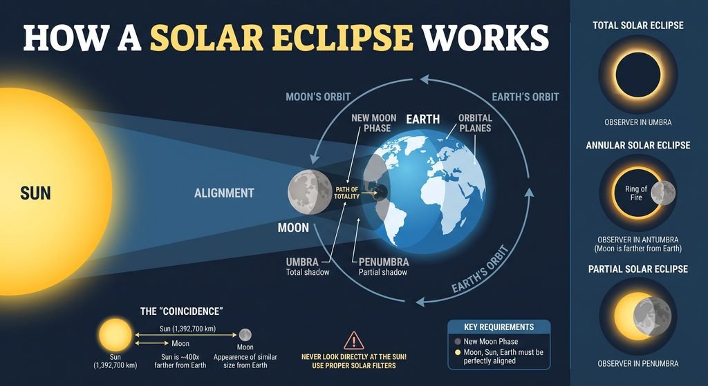 Diagram explaining the science behind solar eclipses