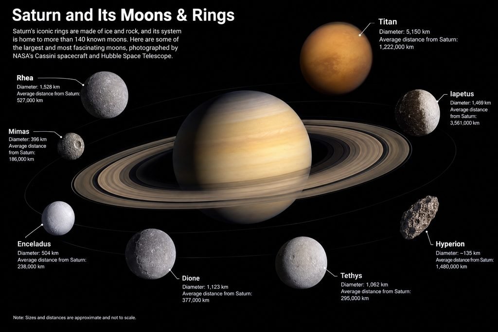 A beautiful and detailed view of Saturn's moons and rings