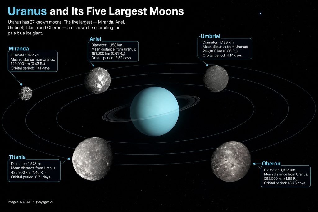 A high-resolution view of the moons of Uranus orbiting the pale blue ice giant