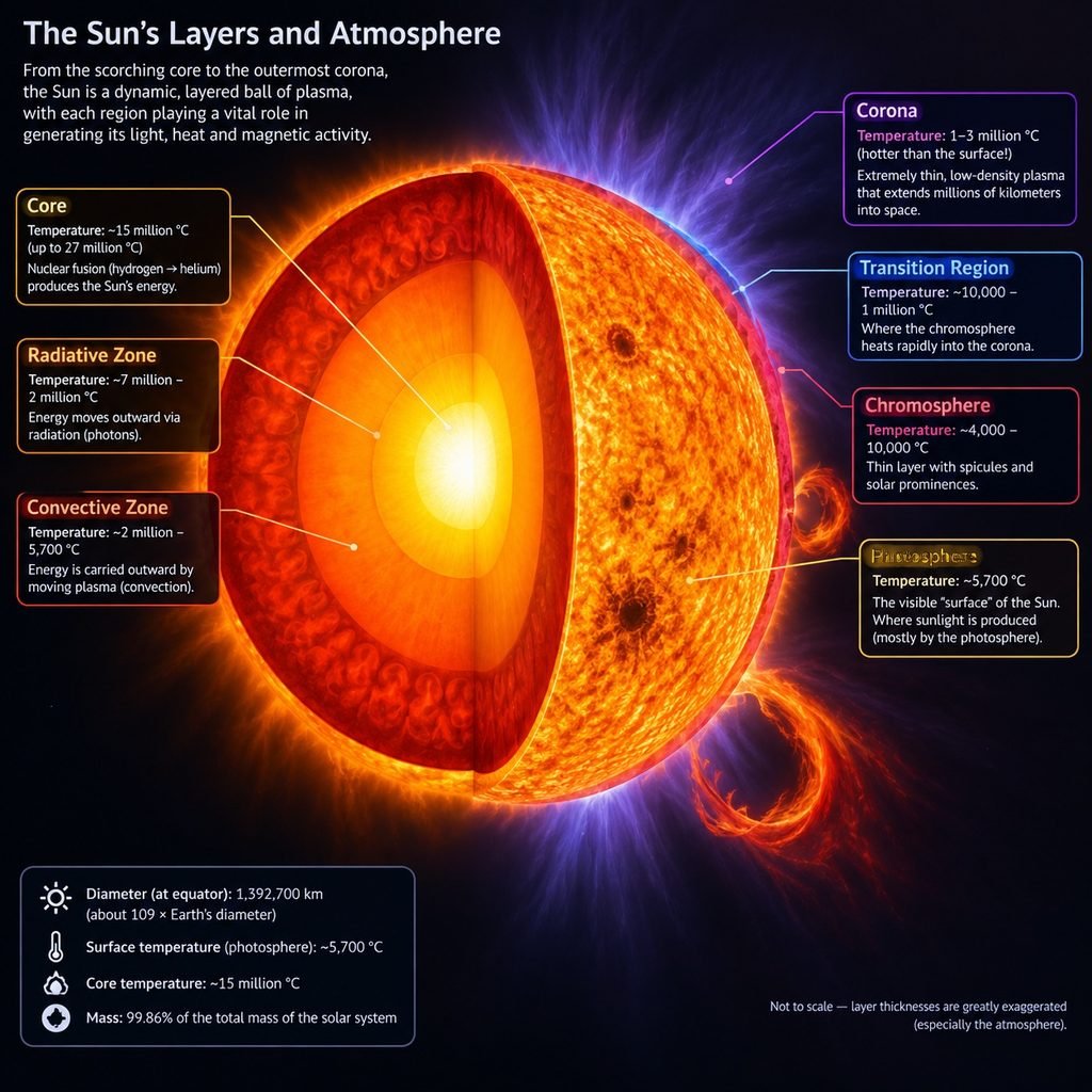 A cross-section diagram showing the internal layers and atmosphere of our Sun