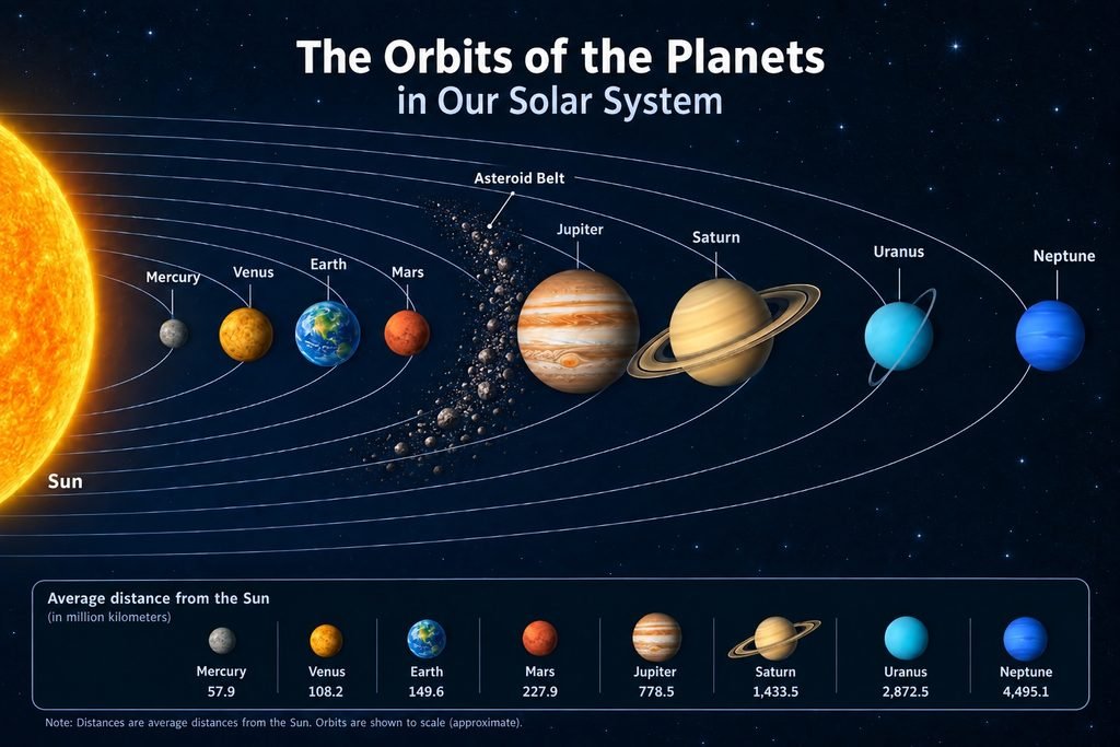 A diagram illustrating the orbits of the planets in our solar system