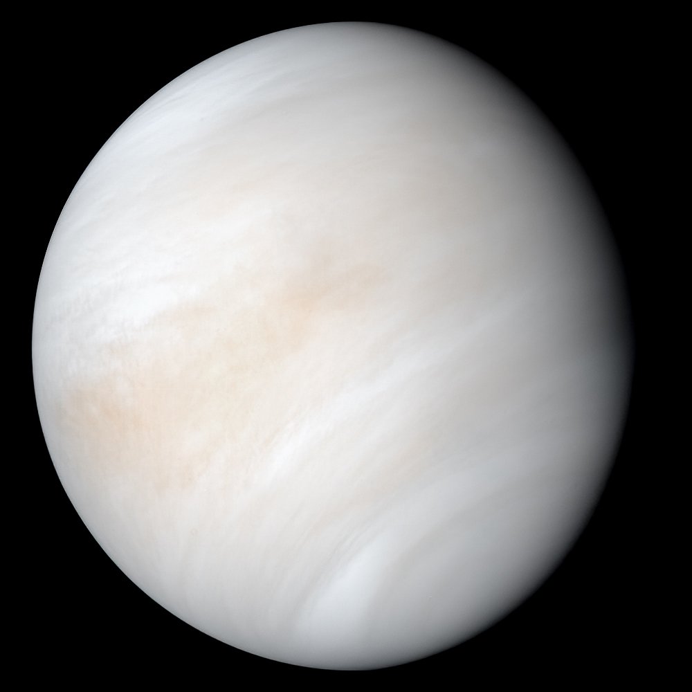 A close-up view of the dense, swirling clouds of planet Venus