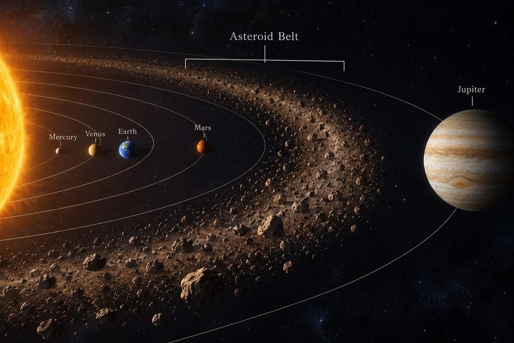 An artistic rendering of the asteroid belt located between the orbits of Mars and Jupiter