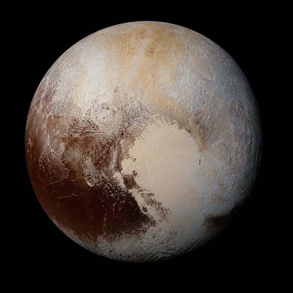 A stunning high-resolution image of dwarf planet Pluto showing its famous heart-shaped glacier captured by the New Horizons spacecraft